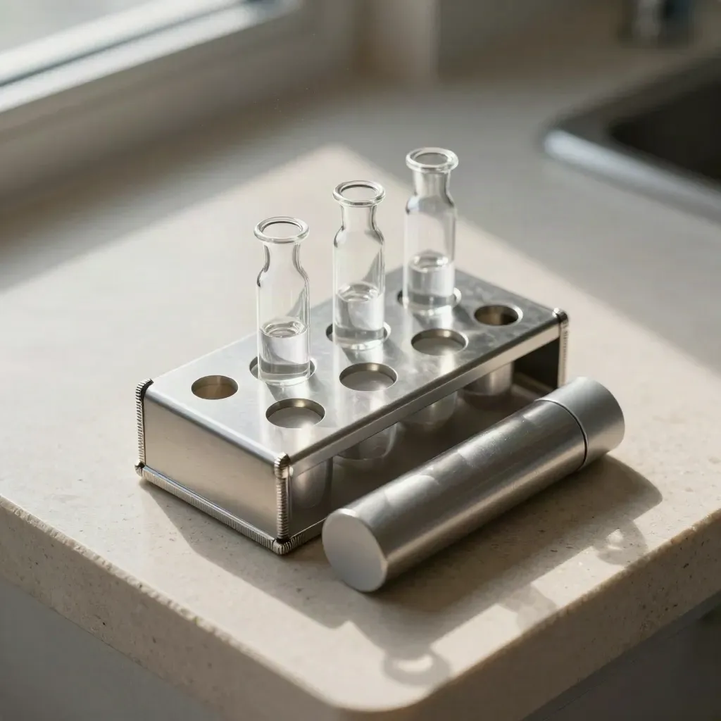 Top-down lab still life with tube rack, clear reagent vials and aluminium tip box on pale stone.