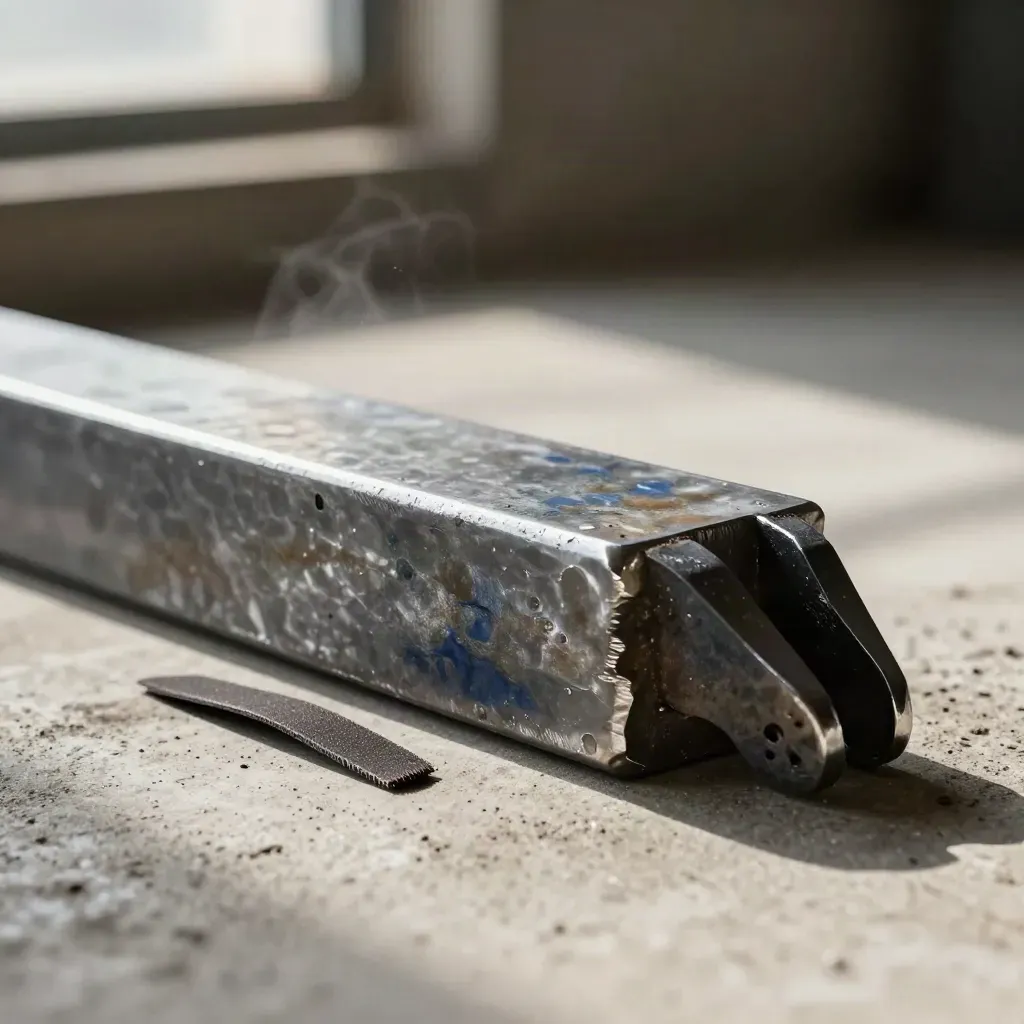 Forged steel billet with tongs and abrasive wheel on pale concrete, lit from upper left.