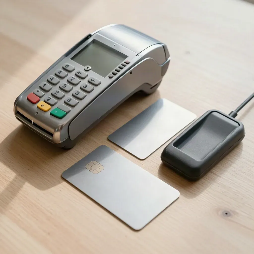 Top-down macro of a payment terminal shell, chip-card blanks and reader cradle on pale wood.