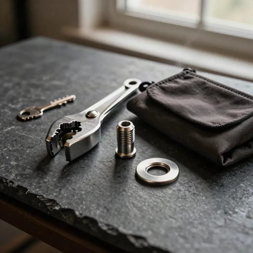 Rail maintenance kit on basalt stone, dramatic still life for cloud hosting brand.