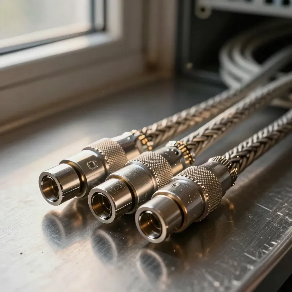 Macro cluster of fibre couplers, braided leads and aluminium cable glands on brushed steel.