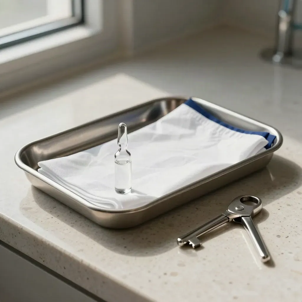 Clinical kit on travertine: tray, ampoules, drape and clamp in dramatic light