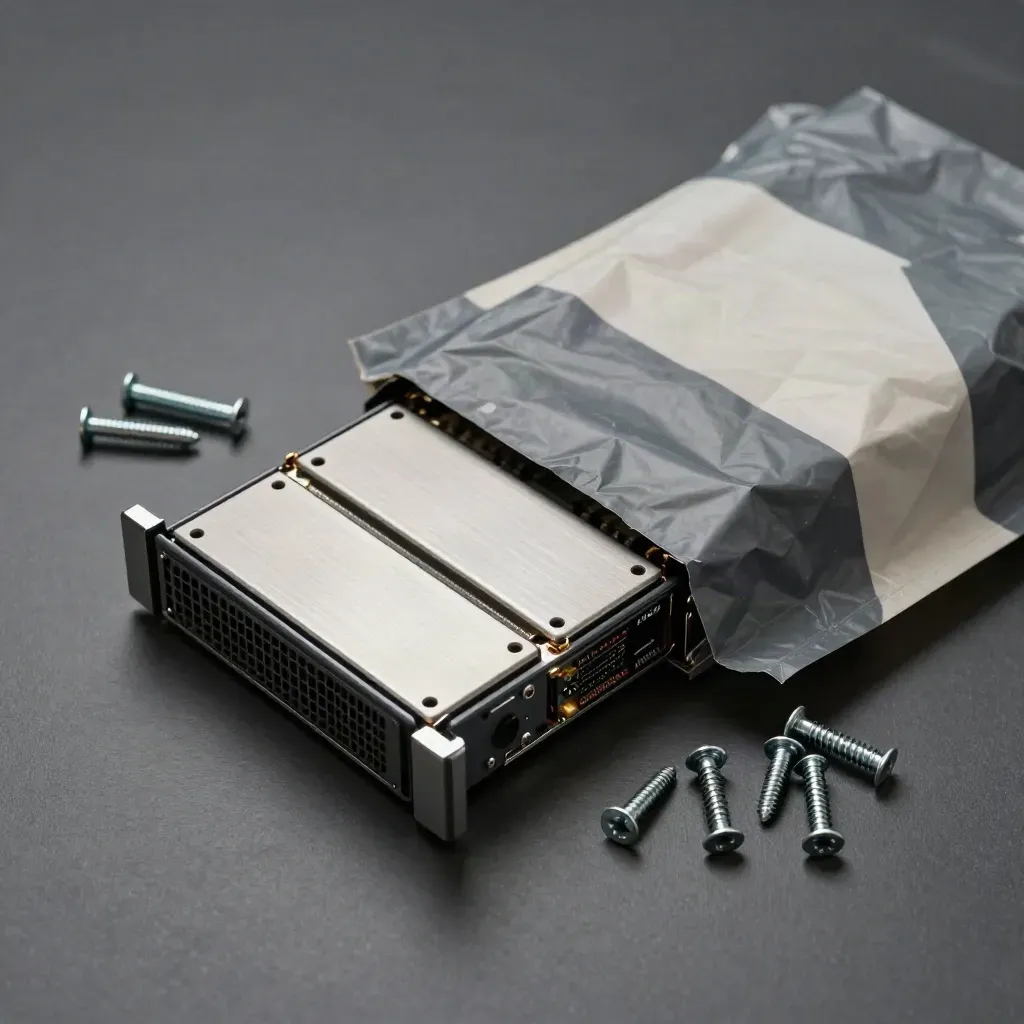 Top-down macro of a server blade mid-unboxing with SSD trays and rack screws on graphite.