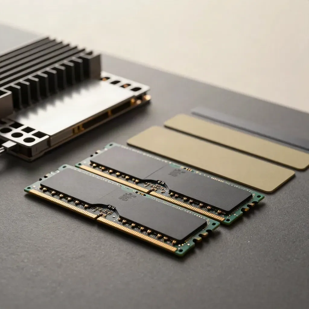 Server RAM DIMMs and a CPU heat sink on a graphite surface, lit dramatically from upper left.