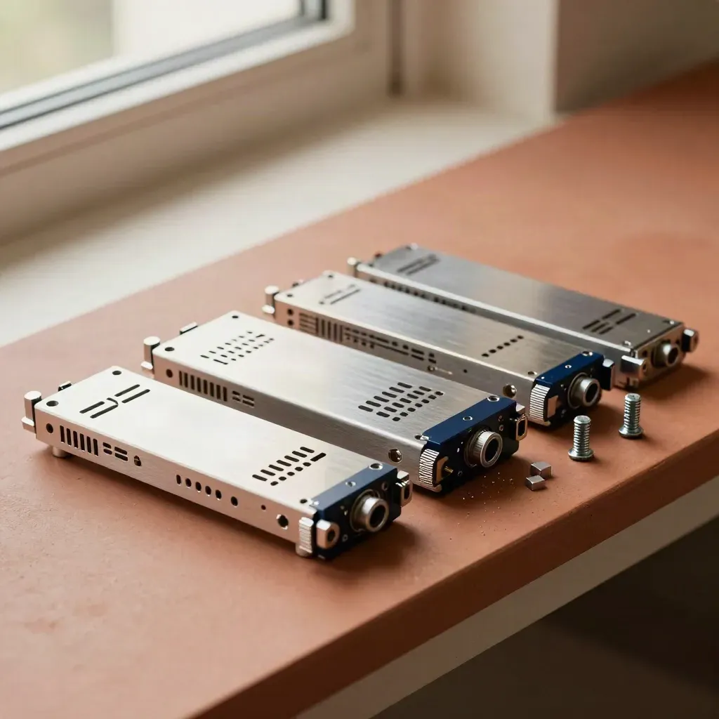 Three server compute sleds and rail kit spread across a stone surface in angled macro light