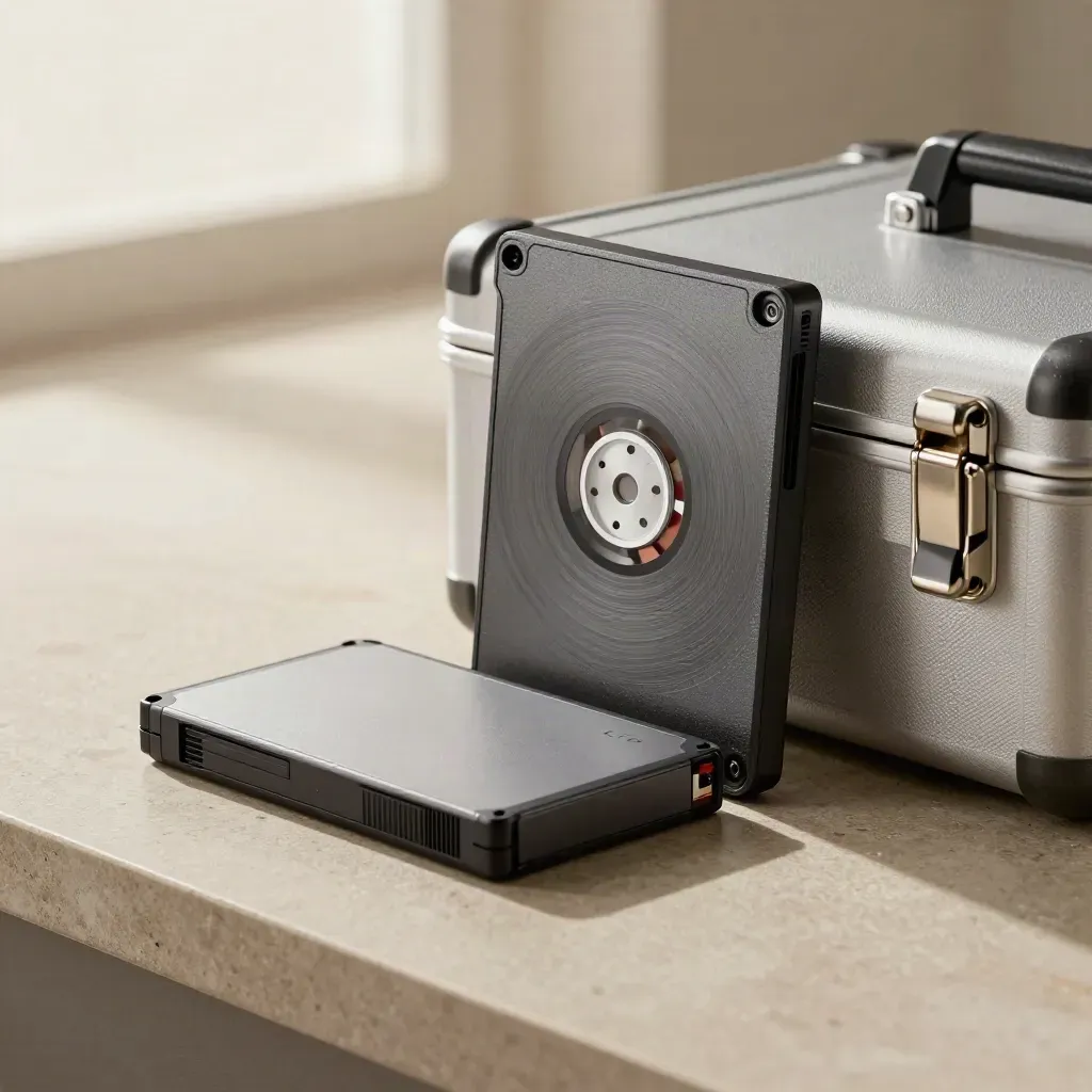 LTO tape cartridge, encrypted SSD, and archive latch on pewter stone surface.