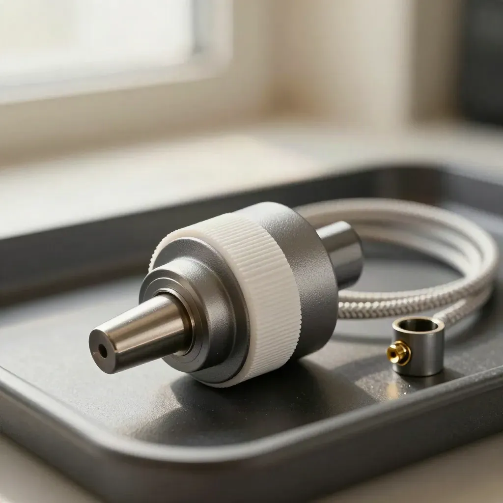 Industrial sensor puck with probe and patch lead on a graphite surface, macro close-up.