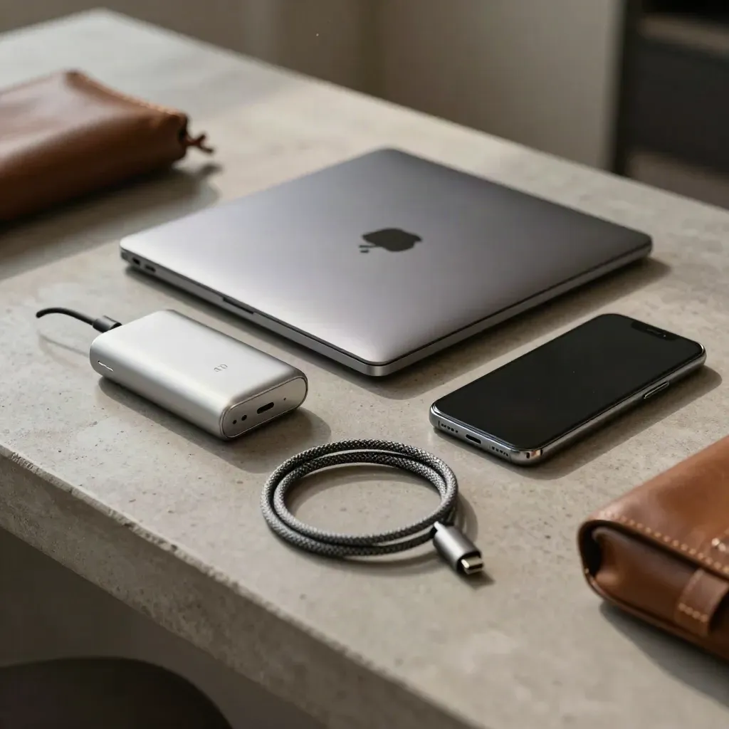 Founder travel tech kit with laptop, phone, power bank, earbuds case and cable on stone surface.
