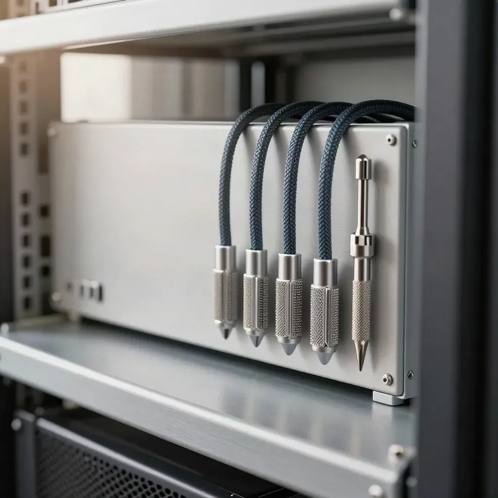 Rack blanking panel with braided patch leads and screwdriver in a hazy server aisle