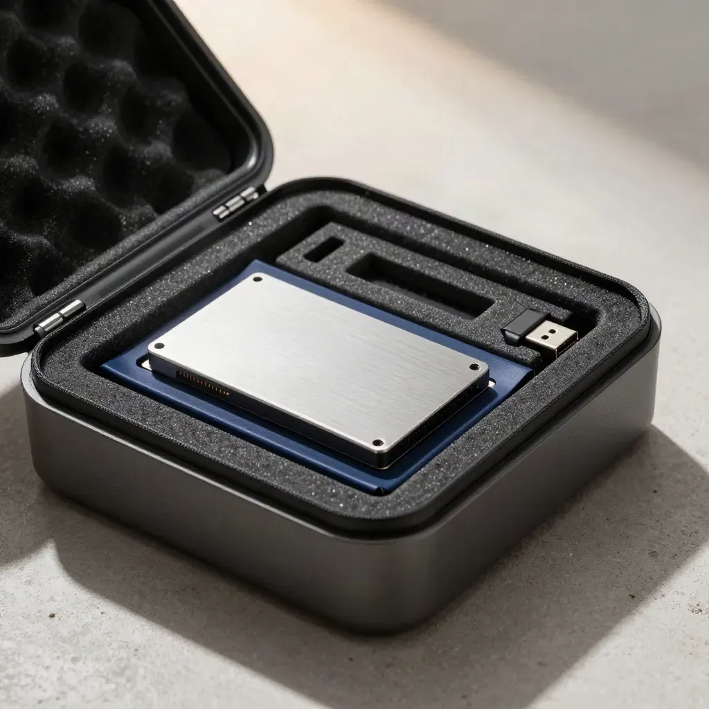 Top-down migration kit with SSD sleeves, SATA-USB bridge, foam inserts and transport case.