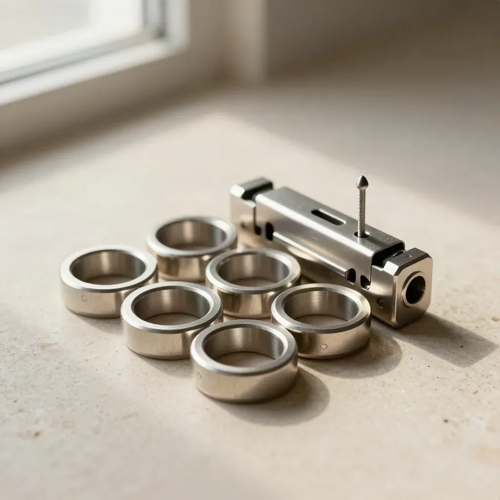 Interlocked metal rings, connector block and precision pins on a pale stone surface.