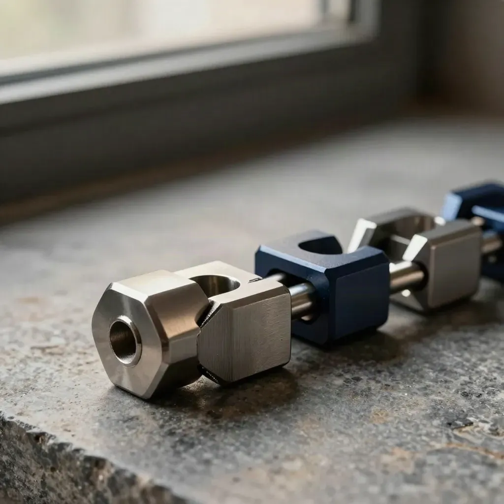 Metal coupler, folded bracket, and spacer blocks on brushed stone in dramatic light.
