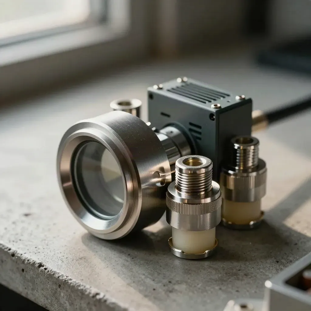 Sensor puck, ferrules and relay module on concrete in hard light.