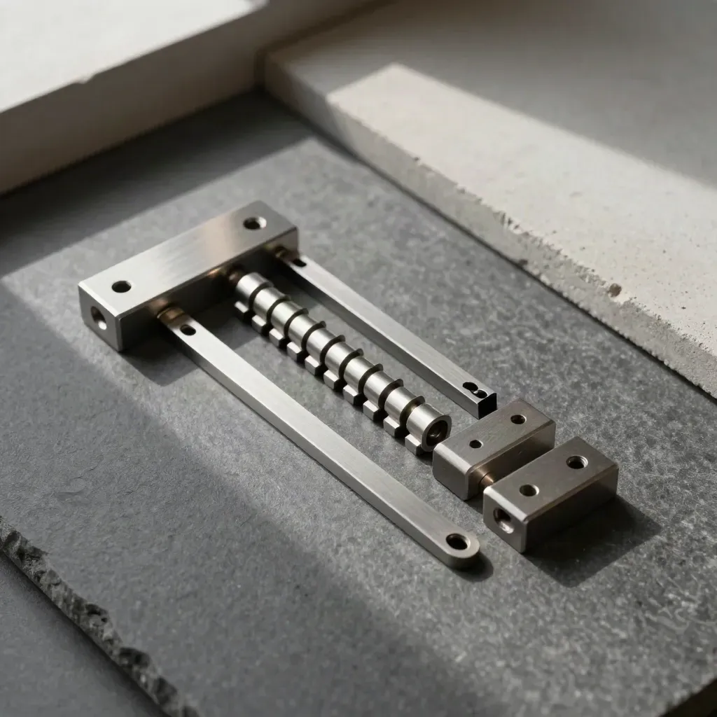 Top-down still life of silver spacers, steel clips, and modular blocks on graphite stone.