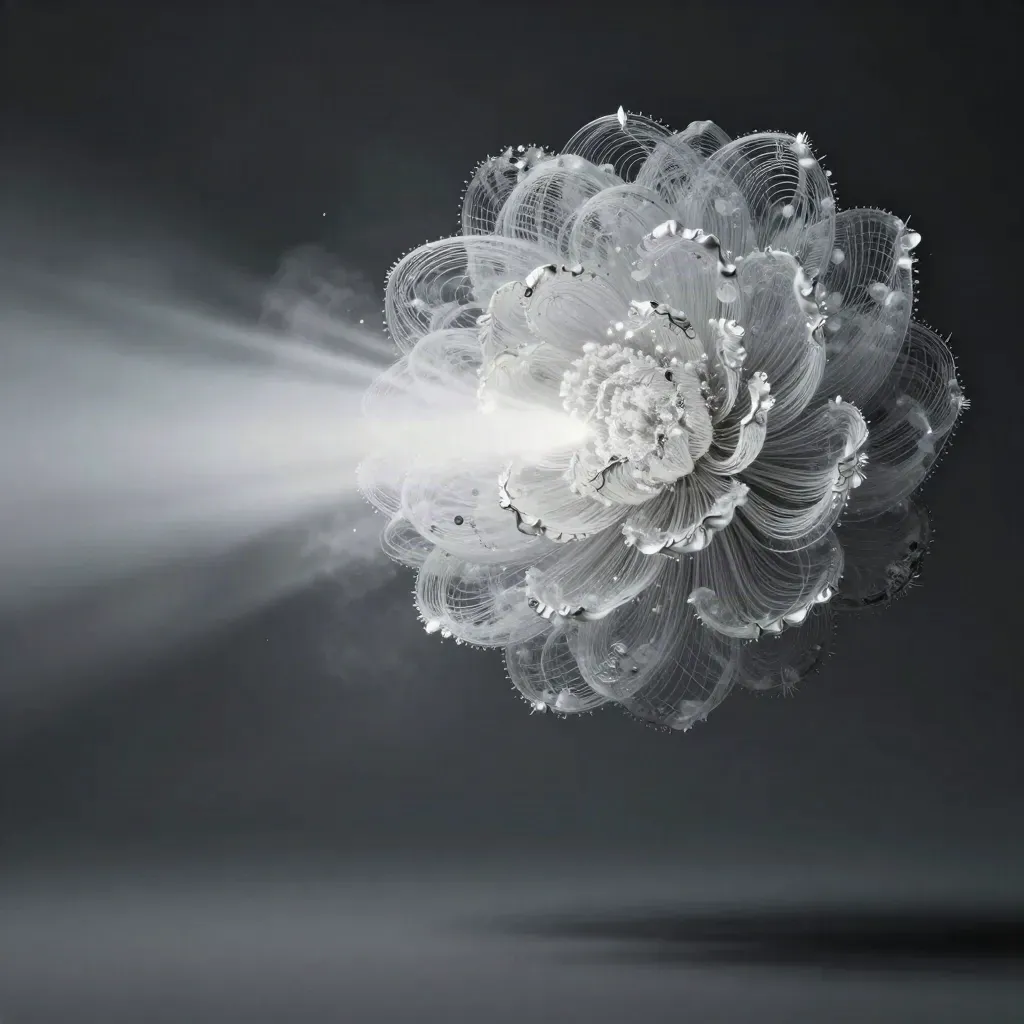 Silver light filaments converge into a white bloom in dark haze, with copy space below.